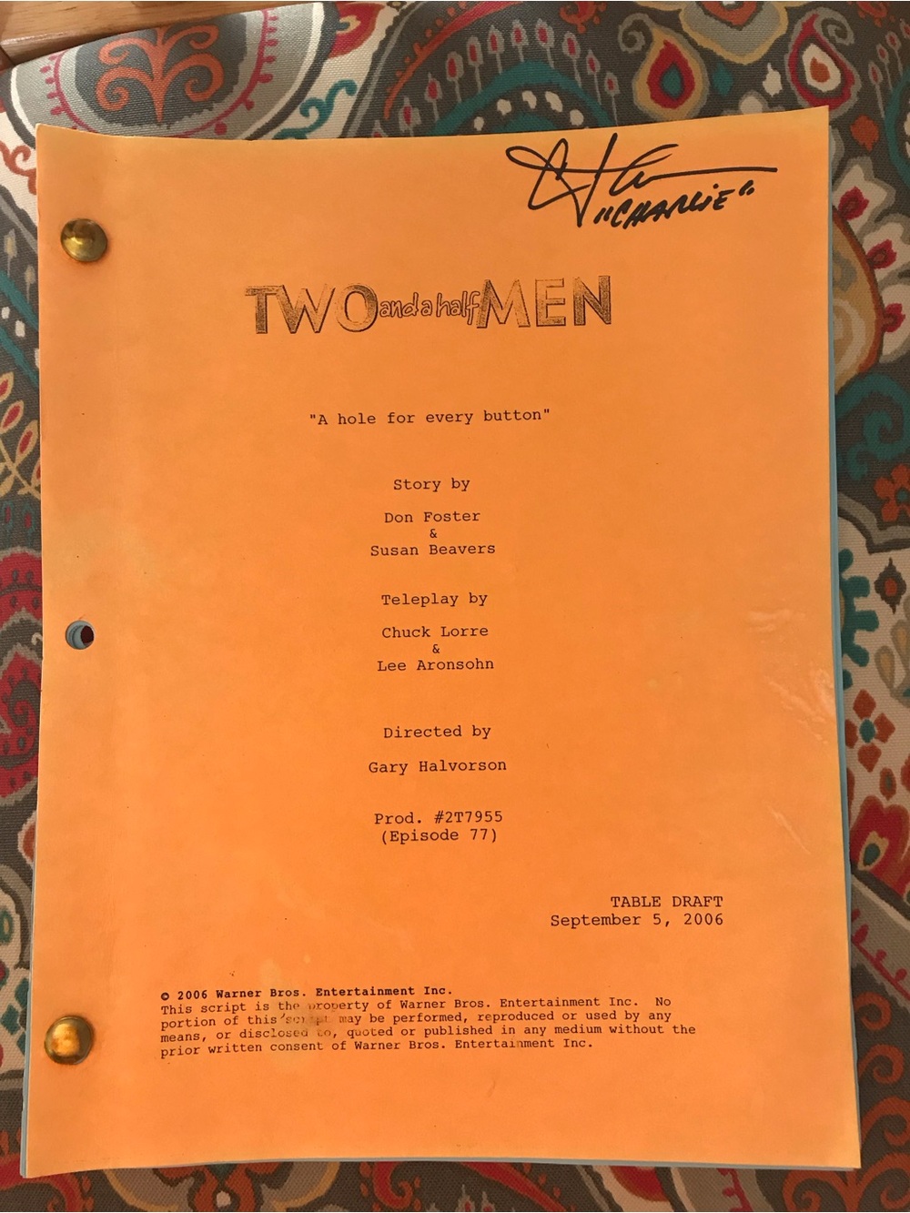 Two and a Half Men Script Charlie Sheen Signed Cover